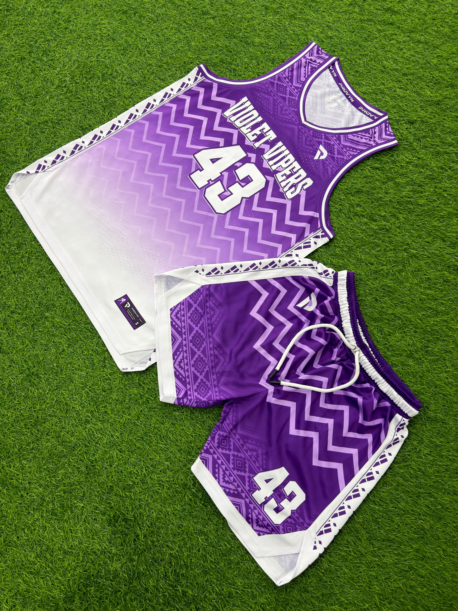 PROVYN purple Violet Vipers basketball jersey and shorts photographed on turf