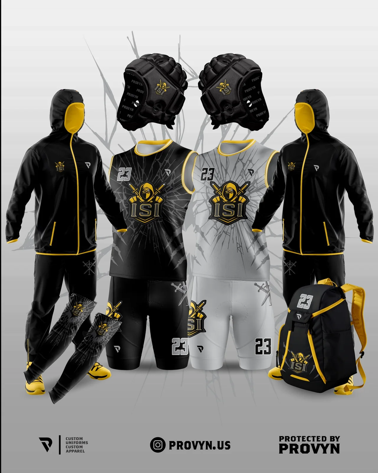 PROVYN black, grey and yellow ISI 23 7v7 package with sleeveless game sets, hooded warm-ups, arm sleeves, backpack and soft-shell headgear