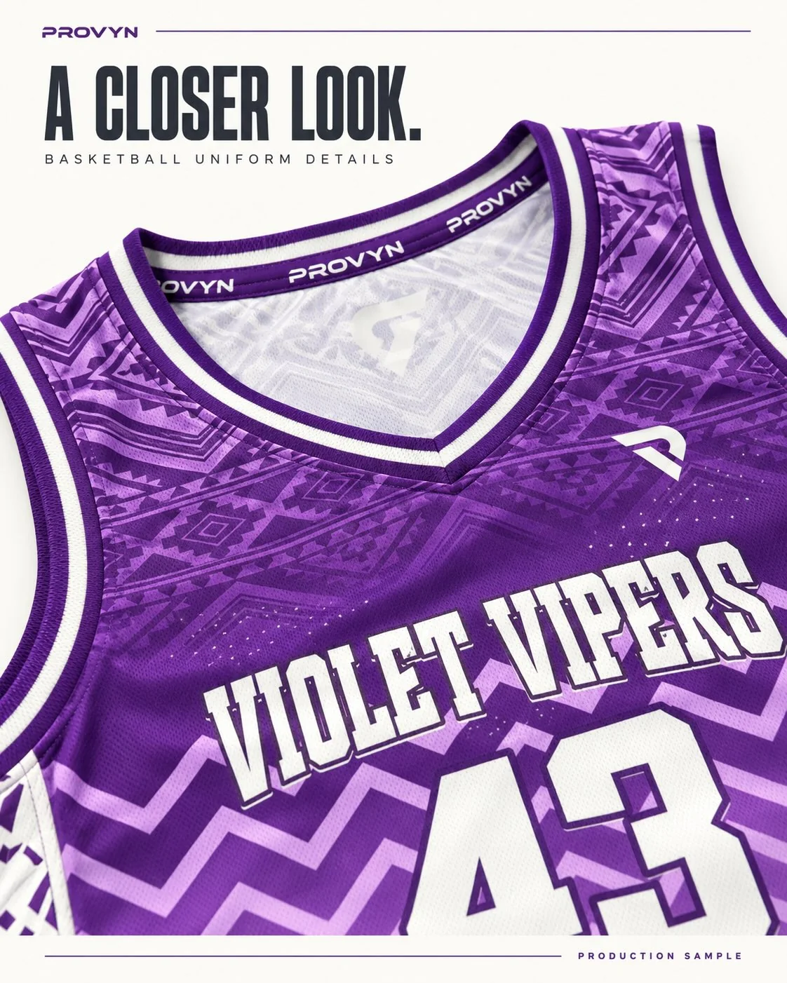 Violet Vipers basketball campaign artwork highlighting the PROVYN neckline mark, jersey texture and geometric pattern