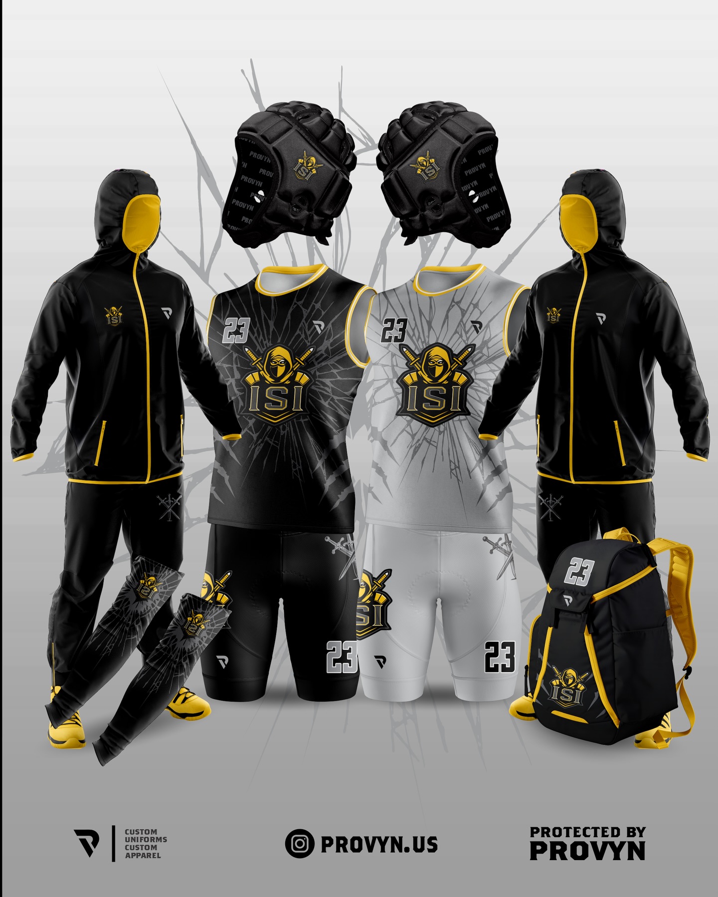 PROVYN black, grey and yellow ISI 23 7v7 package with sleeveless game sets, hooded warm-ups, arm sleeves, backpack and soft-shell headgear