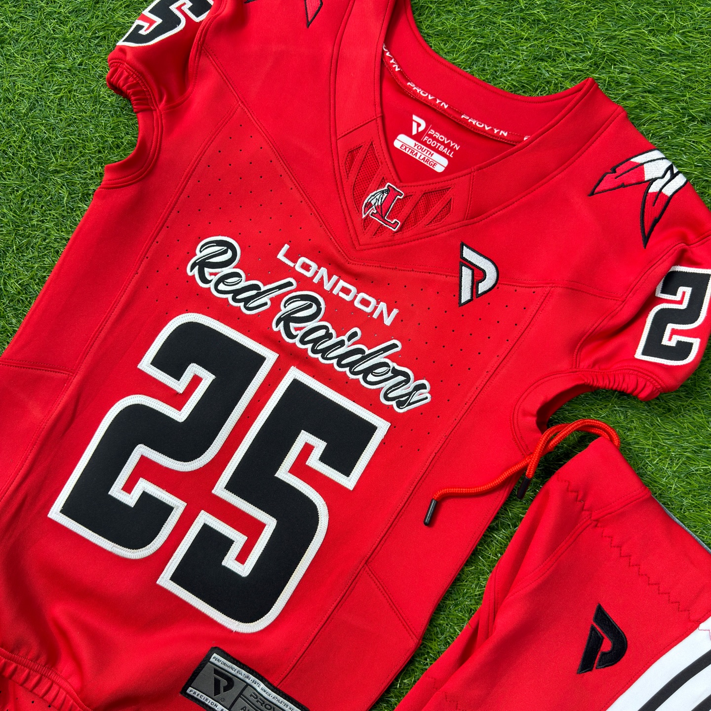 London Red Raiders 25 red football jersey with the PROVYN chest mark, branded neckline and matching pants
